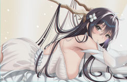 1girl absurdres antennae azur_lane black_eyes black_hair blush breasts buko_(bukosuki) closed_mouth dress earrings elbow_gloves feet_out_of_frame flower from_side gloves hair_flower hair_ornament highres indomitable_(azur_lane) jewelry large_breasts long_hair looking_at_viewer lying on_stomach out_of_frame sideboob simple_background solo white_dress white_gloves