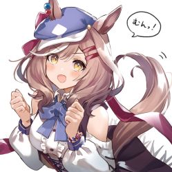 Rule 34 | !, 1girl, :d, animal ears, blue bow, blue bowtie, blue hat, bow, bowtie, bracelet, breasts, brown hair, brown skirt, buttons, cabbie hat, center frills, commentary, detached sleeves, ears through headwear, frills, hair ornament, hairclip, hat, highres, horse ears, horse girl, horse tail, jewelry, long sleeves, looking at viewer, matikane tannhauser (umamusume), medium breasts, medium hair, milluun, open mouth, puffy long sleeves, puffy sleeves, shirt, skirt, smile, solo, speech bubble, tail, tail wagging, translated, umamusume, w arms, white shirt, yellow eyes