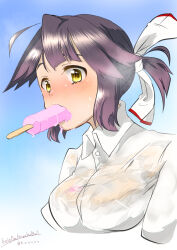 Rule 34 | 1girl, blush, breasts, collared shirt, food, food in mouth, grey hair, hayanami (kancolle), highres, kantai collection, komb, medium breasts, ponytail, popsicle, popsicle in mouth, purple hair, school uniform, see-through, shirt, short hair, signature, solo, twitter username, wet, wet clothes, white shirt, yellow eyes