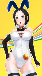 Rule 34 | 1girl, animal collar, animal ears, bare shoulders, black hair, blush, bow, bowtie, breasts, cameltoe, choker, cleavage, collar, cowboy shot, crest, detached collar, elbow gloves, fake animal ears, fingerless gloves, gloves, green eyes, hand on own hip, highres, kemurin, large breasts, leotard, lipstick, lock, looking at viewer, makeup, marie (persona 4), navel, open mouth, persona, persona 4, persona 4 the golden, pin, playboy bunny, rabbit ears, short hair, solo, striped clothes, striped gloves, striped thighhighs, thighhighs, wide hips, yellow background