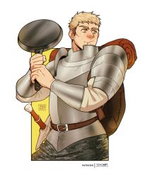 Rule 34 | 1boy, :t, armor, artist logo, artist name, backpack, bag, bara, blonde hair, bracer, brown bag, closed mouth, commentary, dungeon meshi, english commentary, food, food on face, frying pan, hands up, highres, holding, holding frying pan, laios touden, long sleeves, male focus, orange eyes, pauldrons, sheath, sheathed, short hair, shoulder armor, solo, sword, undercut, very short hair, weapon, yeiko art