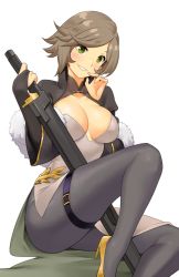 Rule 34 | 1girl, breasts, brown hair, cleavage cutout, clothing cutout, green eyes, high heels, highres, holding, holding sword, holding weapon, igni tion, large breasts, medium hair, original, pantyhose, smile, sword, turtleneck, weapon