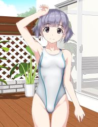 Rule 34 | 1girl, arena (company), bench, black eyes, collarbone, competition swimsuit, cowboy shot, deck, fence, flat chest, highres, kantai collection, looking at viewer, one-piece swimsuit, ooshio (kancolle), outdoors, plant, potted plant, purple hair, short twintails, sliding doors, smile, solo, swimsuit, takafumi, trellis, twintails, white one-piece swimsuit