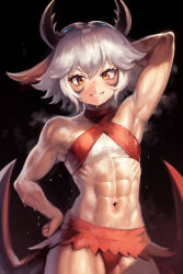 Rule 34 | 1girl, abs, arm up, armpits, arthropod girl, black background, breasts, duel monster, horns, muscular, muscular female, navel, short hair, small breasts, smile, sports bra, sweat, traptrix myrmeleo, yellow eyes, yilx, yu-gi-oh!