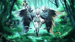 Rule 34 | 1girl, animated, animated gif, black wings, collar, eve (eversoul), eversoul, feathers, floating hair, forest, game cg, grey eyes, hair ornament, horns, long hair, nature, non-web source, official art, white hair, wings