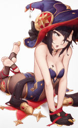 Rule 34 | 1girl, barefoot, black choker, black gloves, black hair, blue hat, blue leotard, blush, breast tattoo, breasts, brown pantyhose, chinese commentary, choker, cleavage, coin, commentary request, crescent, crescent hat ornament, feet, feet up, genshin impact, gloves, grey eyes, hair between eyes, hat, hat ornament, heart, heart-shaped pupils, highres, holding, holding coin, holding with feet, japanese clothes, kimono, l ract, leotard, long hair, looking at viewer, lying, medium breasts, mona (genshin impact), mora (genshin impact), on stomach, open mouth, pantyhose, red ribbon, ribbon, simple background, soles, solo, stirrup legwear, symbol-shaped pupils, tattoo, thighlet, toeless legwear, toes, twintails, v arms, very long hair, white background, witch hat