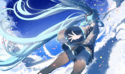 Rule 34 | 1girl, :d, animal, backlighting, bare shoulders, bird, black skirt, black thighhighs, blue hair, blue necktie, blue sky, breasts, cloud, cloudy sky, collared shirt, commentary, confetti, cowboy shot, day, detached sleeves, excited, floating hair, from behind, from below, graphite (medium), grey shirt, happy, hatsune miku, light particles, long hair, looking up, necktie, open mouth, outdoors, outstretched arms, pleated skirt, profile, shaded face, shadow, shirt, shuno (xiaonuo), sideboob, skirt, sky, small breasts, smile, solo, thighhighs, thighs, traditional media, twintails, very long hair, vocaloid, zettai ryouiki
