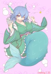 Rule 34 | 1girl, blue eyes, blue hair, blush, blush stickers, breasts, bubble, cleavage, collarbone, cube85, female focus, fins, head fins, highres, japanese clothes, kimono, large breasts, long sleeves, matching hair/eyes, mermaid, monster girl, obi, one eye closed, open mouth, sash, smile, solo, star (symbol), touhou, wakasagihime, wide sleeves