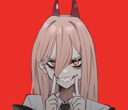 Rule 34 | 1girl, blonde hair, chainsaw man, demon girl, demon horns, ghost (tama), hand up, highres, horns, index finger raised, looking at viewer, medium hair, necktie, power (chainsaw man), red background, red eyes, sharp teeth, shirt, simple background, smile, solo, teeth, upper body, white shirt