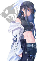Rule 34 | 1girl, absurdres, bare shoulders, baseball cap, black hat, black pants, black shirt, blue archive, blue eyes, blue hair, breasts, coat, commentary, cowboy shot, crop top, gun, hat, highres, holding, holding gun, holding weapon, kento (kentdrawing), large breasts, leggings, long hair, long sleeves, looking at viewer, midriff, navel, off shoulder, open clothes, open coat, pants, parted lips, saori (blue archive), shirt, sidelocks, simple background, sleeveless, sleeveless shirt, solo, standing, stomach, very long hair, weapon, white background, white coat