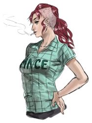 Rule 34 | 1girl, bellemere, cigarette, clothes writing, conomi islands, east blue, female focus, hand on own hip, highres, mohawk, one piece, pink hair, plaid, plaid shirt, ponytail, profile, shirt, smoking, solo