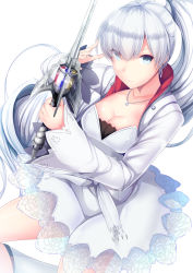 Rule 34 | 1girl, blue eyes, breasts, cleavage, covered eyes, cropped jacket, daiaru, dress, earrings, hair over one eye, high collar, highres, holding, holding sword, holding weapon, jewelry, lace, lace-trimmed skirt, lace trim, long hair, long sleeves, medium breasts, myrtenaster, necklace, petticoat, rapier, rwby, scar, scar across eye, scar on face, side ponytail, simple background, skirt, solo, sword, tiara, weapon, weiss schnee, white background, white dress, white footwear, white hair, wide sleeves