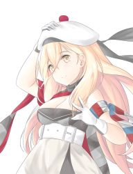 Rule 34 | 10s, 1girl, armband, bad id, bad pixiv id, bare shoulders, belt, beret, blonde hair, blush, breasts, cleavage, dress, gloves, hand on own head, hat, kantai collection, light blush, long hair, medium breasts, mole, mole under eye, richelieu (kancolle), smile, solo, strapless, strapless dress, tiasis, yellow eyes