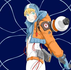 Rule 34 | 1girl, absurdres, animification, apex legends, arms behind back, blonde hair, blue eyes, coat, electricity, gloves, highres, indioweeaboo, open clothes, open coat, scar, self-upload, symbol-shaped pupils, wattson (apex legends)