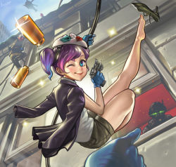 Rule 34 | 1girl, ;), aircraft, artist request, bare legs, barefoot, black footwear, black jacket, blue eyes, blue gloves, building, bullet casing, cable, cloaker (payday), clover (payday), clown mask, day, formal, from behind, from below, glint, gloves, gradient hair, gun, handgun, helicopter, high heels, holding, holding gun, holding weapon, jacket, jacket on shoulders, kawaii mask (payday), latex, latex gloves, light particles, lips, long sleeves, looking at viewer, looking back, mask, mask on head, unworn mask, multicolored hair, nail polish, night-vision device, one eye closed, outdoors, outstretched leg, payday (series), payday 2, plantar flexion, purple hair, shell casing, shirt, shoe loss, shoes, short hair, short twintails, shorts, sinobilante, sky, smile, solo focus, suit, swept bangs, thighs, toenail polish, toenails, twintails, weapon, wolf (payday)