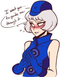 Rule 34 | 1girl, blush, elizabeth (persona), embarrassed, gloves, hard-translated, hat, persona, persona 3, scruffyturtles, short hair, solo, sweat, third-party edit, translated, white hair, yellow eyes