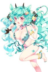 Rule 34 | 1girl, anklet, aqua hair, armlet, barefoot, black bow, blue nails, blush, bow, braid, breasts, cleavage, fang, feet, gem, groin, hair bow, hair ornament, hairclip, heart, highres, horns, jewelry, long hair, manle, medium breasts, midriff, nail polish, navel, official art, open mouth, pink eyes, qiyou (soccer spirits), soccer spirits, solo, standing, standing on one leg, striped, striped bow, sweatdrop, swimsuit, tattoo, tears, toenails, toes, transparent background, twintails, very long hair, wardrobe malfunction, wavy hair