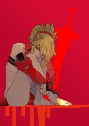 Rule 34 | 1girl, bad id, bad pixiv id, bare legs, bare shoulders, barefoot, belt bra, blonde hair, braid, commentary request, detached sleeves, artistic error, fate/apocrypha, fate (series), green eyes, hair between eyes, hugging own legs, kibadori rue, looking at viewer, mordred (fate), mordred (fate/apocrypha), one eye closed, red background, red skirt, scrunchie, short hair, skirt, solo, wrong foot
