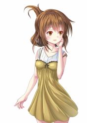 Rule 34 | 1girl, alternate costume, blouse, brown eyes, brown hair, casual, cowboy shot, dress, folded ponytail, inazuma (kancolle), kantai collection, long hair, looking away, parted lips, shirt, simple background, sleeveless, sleeveless dress, solo, spaghetti strap, white background, white shirt, yatsu seisakusho, yellow dress