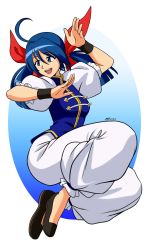 Rule 34 | 1girl, absurdres, blue eyes, blue hair, fatal fury, futaba hotaru, garou mark of the wolves, hair ribbon, highres, garou: mark of the wolves, mergeritter, ribbon, smile, snk, the king of fighters, twintails