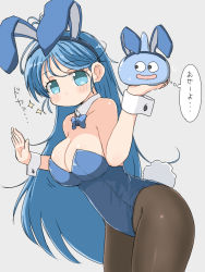 Rule 34 | 1girl, animal ears, black pantyhose, blue bow, blue bowtie, blue eyes, blue hair, blue leotard, bow, bowtie, breasts, commentary request, cowboy shot, detached collar, dragon quest, dragon quest iii, highres, large breasts, leaning forward, leotard, long hair, naitou kouse, pantyhose, playboy bunny, rabbit ears, rabbit tail, sage (dq3), simple background, slime (creature), slime (dragon quest), strapless, strapless leotard, tail, white background, wrist cuffs