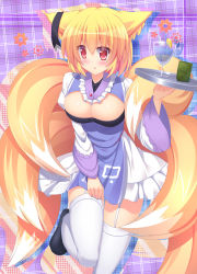 Rule 34 | 1girl, adapted costume, animal ears, blonde hair, blush, bow, breasts, cleavage, cleavage cutout, clothing cutout, cup, dress, drinking glass, ear ribbon, female focus, fox ears, fox tail, garter straps, highres, large breasts, liya, long sleeves, multiple tails, no headwear, no headwear, plaid, plaid background, red eyes, solo, standing, standing on one leg, tabard, tail, thighhighs, touhou, tray, white dress, white thighhighs, wide sleeves, yakumo ran, zettai ryouiki