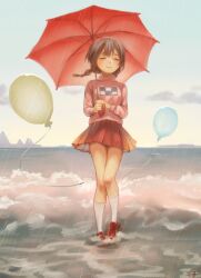 Rule 34 | 1girl, balloon, blue sky, blush, brown hair, closed eyes, closed mouth, cloud, commentary, depressionist47, double-parted bangs, floating hair, foaming waves, full body, hands up, heel up, holding, holding umbrella, horizon, in water, kneehighs, legs, loafers, long hair, long sleeves, low twintails, madotsuki, miniskirt, ocean, outdoors, pigeon-toed, pink sweater, pleated skirt, rain, red footwear, red skirt, red umbrella, shoes, signature, skirt, sky, smile, socks, solo, standing, sweater, turtleneck, turtleneck sweater, twintails, umbrella, waves, white socks, wind, yume nikki