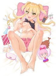Rule 34 | 1girl, :d, bare arms, bare legs, barefoot, bed sheet, black tank top, blonde hair, blush, breasts, cameltoe, cellphone, character doll, clothes lift, coin purse, covered erect nipples, earbuds, earphones, eyelashes, fangs, feet, foreshortening, full body, genmon, hair bobbles, hair ornament, idolmaster, idolmaster cinderella girls, jougasaki mika, jougasaki rika, knees together feet apart, long hair, looking at viewer, lying, nail polish bottle, navel, nipples, notebook, on back, open fly, open mouth, pen, phone, pillow, pink shorts, scissors, shirt lift, shorts, small breasts, smartphone, smile, solo, spaghetti strap, spread toes, star (symbol), sticker, stuffed animal, stuffed beetle, stuffed toy, tank top, toes, tsurime, two side up, upshorts, v, yellow eyes