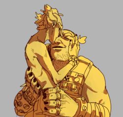 Rule 34 | 2boys, artist request, jewelry, junkrat (overwatch), lowres, male focus, mask, multiple boys, nail polish, ponytail, prosthetic leg, ring, roadhog (overwatch), short hair, tagme, yaoi