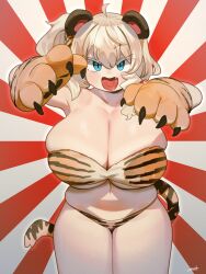 Rule 34 | 1girl, :d, ahoge, animal ears, animal hands, blonde hair, blue eyes, breasts, claw pose, cleavage, fang, florida-chan (ryusei hashida), gloves, highres, huge breasts, legs together, looking at viewer, one side up, open mouth, original, paw gloves, rising sun flag, ryusei hashida, signature, skindentation, smile, solo, standing, sunburst, tail, thick thighs, thighs, tiger ears, tiger tail, veins