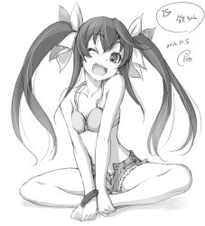 Rule 34 | 10s, 1girl, ;d, artist name, barefoot, bikini, bikini top only, cutoffs, denim, denim shorts, fang, greyscale, hands on feet, huang lingyin, indian style, infinite stratos, long hair, monochrome, one eye closed, open fly, open mouth, piro (artist), piro (orip), shorts, signature, sitting, smile, solo, swimsuit, twintails, unzipped, wink