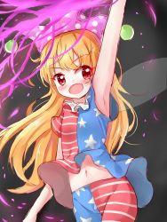 Rule 34 | 1girl, absurdres, american flag dress, american flag legwear, arm up, armpits, blonde hair, blush, clownpiece, collar, frilled collar, frilled shirt collar, frills, groin, hanen (borry), hat, highres, jester cap, long hair, navel, neck ruff, open mouth, pantyhose, print pantyhose, red eyes, shirt, smile, solo, striped clothes, striped pantyhose, touhou, wind, wind lift, wings