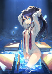 Rule 34 | 1girl, adjusting hair, arms up, black hair, blue eyes, breasts, bug, butterfly, classroom, desk, flood, highres, insect, long hair, medium breasts, moonlight, mouth hold, navel, necktie, no bra, open clothes, open shirt, original, panties, ponytail, school, school desk, see-through, see-through silhouette, shirt, solo, underwear, wading, water, white panties, yoo (tabi no shiori)