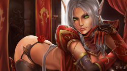 Rule 34 | 1girl, armor, bad id, bad pixiv id, bent over, black thighhighs, blood elf (warcraft), breasts, cleavage, colored sclera, dantewontdie, elbow gloves, elf, flower, garter belt, garter straps, gloves, green eyes, green sclera, highres, lace, lace-trimmed legwear, lace trim, lips, long hair, medium breasts, pointy ears, rose, silver hair, solo, thighhighs, thong, warcraft, world of warcraft