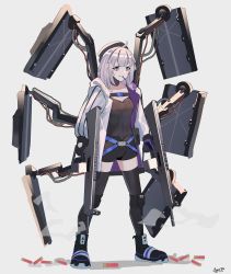Rule 34 | 12-gauge, 1girl, aa-12, aa-12 (girls&#039; frontline), absurdres, ahoge, automatic shotgun, beret, black footwear, black gloves, black hat, black shirt, black shorts, black thighhighs, blue eyes, breasts, buckle, combat shotgun, commentary, drum magazine, dual wielding, english commentary, food, food in mouth, gar32, girls&#039; frontline, gloves, grey background, grey hair, grin, gun, hat, high-capacity magazine, highres, holding, holding gun, holding weapon, hood, hood down, hooded jacket, jacket, long sleeves, looking away, magazine (weapon), metal gear (series), metal gear rising: revengeance, mouth hold, name connection, object namesake, open clothes, open jacket, pocky, puffy long sleeves, puffy sleeves, ribbed shirt, shield module, shirt, shoes, short shorts, shorts, shotgun, shotgun shell, small breasts, smile, snap-fit buckle, solo, sundowner (metal gear rising), thighhighs, trigger discipline, weapon, white jacket