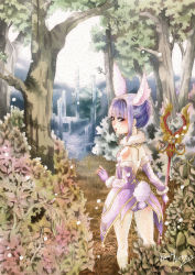 Rule 34 | absurdres, animal ears, artist name, ass, bare back, bare shoulders, bluehole studio, braid, detached sleeves, elin, fingerless gloves, forest, from behind, gloves, highres, leotard, long hair, looking back, nature, purple eyes, purple hair, rabbit ears, ruins, solo, staff, tail, tera online, traditional media, tree, weapon