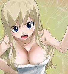 Rule 34 | 1girl, bare shoulders, blonde hair, blue eyes, breasts, cleavage, colorized, eden&#039;s zero, gaston18, highres, large breasts, long hair, looking at viewer, mashima hiro, open mouth, rebecca bluegarden, solo, tagme, towel