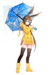 Rule 34 | 1girl, absurdres, alternate costume, amiya (arknights), animal ears, arknights, blue eyes, blush, boots, brown hair, brown thighhighs, buttons, closed mouth, daya (13urntsienna), double-breasted, full body, highres, holding, holding umbrella, hood, hood down, long sleeves, looking at viewer, rabbit ears, raincoat, rubber boots, smile, solo, standing, thighhighs, umbrella, yellow footwear