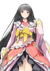 Rule 34 | 1girl, adapted costume, black eyes, black hair, blunt bangs, blush, bow, closed mouth, commentary request, feet out of frame, floral print, frilled kimono, frilled sleeves, frills, hand up, highres, hime cut, houraisan kaguya, japanese clothes, kimono, layered clothes, layered kimono, long hair, long sleeves, looking at viewer, pink kimono, pocche-ex, red kimono, simple background, sleeves past wrists, thigh gap, touhou, very long hair, waist bow, white background, wide sleeves, yellow bow