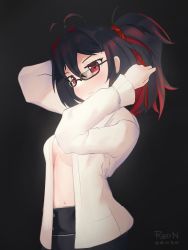 Rule 34 | 1girl, ahoge, bad id, bad twitter id, black background, black hair, breasts, closed mouth, enma-chan, glasses, highres, hololive, hololive english, looking at viewer, medium breasts, navel, open clothes, open shirt, ponytail, red eyes, redn art, signature, simple background, solo, virtual youtuber