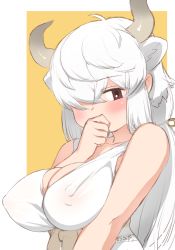 Rule 34 | 1girl, bare arms, bare shoulders, blush, breasts, brown eyes, commentary request, covered erect nipples, covering own mouth, dress, extra ears, hair over one eye, hand over own mouth, highres, horns, kemono friends, large breasts, long hair, looking at viewer, masuyama ryou, one eye covered, ox ears, simple background, sleeveless, sleeveless dress, solo, upper body, white dress, white hair, yak (kemono friends), yellow background