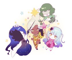 Rule 34 | 4girls, aquarius (constellation), blindfold, blue hair, bow, bowtie, cape, capricorn (constellation), chibi, closed eyes, constellation print, dress, floating hair, gauntlets, gemini (constellation), gradient dress, gradient hair, green hair, green shirt, hammer, highres, holding, holding hammer, holding sword, holding wand, holding weapon, king of greed, knight of despair, library of ruina, lobotomy corporation, long hair, long sleeves, mask over one eye, multicolored clothes, multicolored dress, multicolored hair, multiple girls, pink bow, pink bowtie, pink dress, pink footwear, project moon, queen of hatred, servant of wrath, shirt, shoes, simple background, single gauntlet, sleeveless, sleeveless dress, smile, strapless, strapless dress, sword, taurus (constellation), two side up, very long hair, wand, weapon, white background, white cape, white hair, y o u k a, yellow eyes