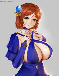 Rule 34 | 1girl, ariadoa, blue dress, blush, breasts, brown hair, cleavage, covered erect nipples, detached sleeves, dress, easonx, grey background, hair ornament, halter dress, halterneck, hands on own chest, jewelry, kono yuusha ga ore tueee kuse ni shinchou sugiru, large breasts, looking at viewer, parted bangs, red eyes, short hair, smile, solo, upper body