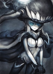 Rule 34 | 10s, 1girl, abyssal ship, black gloves, blue eyes, bodysuit, cane, cape, colored skin, gloves, glowing, glowing eyes, kantai collection, looking at viewer, mins (minevi), solo, white hair, white skin, wo-class aircraft carrier