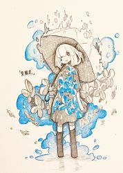 Rule 34 | 1girl, absurdres, ballpoint pen (medium), blue flower, dress, floral print, flower, haru57928031, highres, holding, holding umbrella, no nose, one eye closed, open mouth, original, print dress, shadow, short sleeves, simple background, smile, solo, spot color, traditional media, umbrella