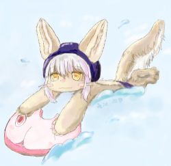 Rule 34 | 10s, artist request, brown eyes, rabbit, furry, lowres, made in abyss, nanachi (made in abyss), school swimsuit, swimsuit, white hair