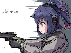 Rule 34 | 1girl, arknights, character name, closed mouth, ear protection, from side, green eyes, grey jacket, gun, handgun, highres, holding, holding gun, holding weapon, jacket, jessica (arknights), looking ahead, ponytail, sketch, small sweatdrop, solo, translation request, upper body, user mvyy7457, weapon
