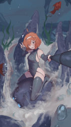 Rule 34 | 1girl, ^^^, absurdres, anger vein, antenna hair, armpits, bare shoulders, black gloves, black one-piece swimsuit, black thighhighs, bob cut, boulder, breasts, brown eyes, brown hair, bubble, commentary, elbow gloves, english commentary, fingerless gloves, fish, full body, gloves, hair over one eye, hairband, halterneck, head tilt, highres, kelp, kneeling, messy hair, octopus, on ground, one-piece swimsuit, open mouth, original, raised eyebrows, rock, rou (rou22), sand, selfie, selfie stick, small breasts, smile, solo, surprised, swimsuit, tentacles, thighhighs, underwater, v, white hairband, worried