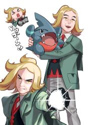 Rule 34 | 1boy, :d, black gloves, black vest, blonde hair, chibi, collared shirt, commentary request, creatures (company), game freak, gen 4 pokemon, gible, gloves, green jacket, grey pants, hassel (pokemon), holding, holding pokemon, jacket, long sleeves, male focus, multiple views, necktie, nintendo, ohhhhhhtsu, open mouth, pants, pokemon, pokemon (creature), pokemon sv, ponytail, red necktie, shirt, smile, teeth, translation request, upper teeth only, vest, white shirt, yellow eyes