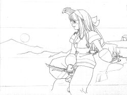 Rule 34 | 1girl, ainu clothes, arm support, breasts, hair ribbon, highres, legs, long hair, looking at viewer, mamahaha, medium breasts, monochrome, nakoruru, pants, parted lips, ribbon, samurai spirits, sitting, sketch, smile, snk, sunset, the king of fighters, thighs, weapon